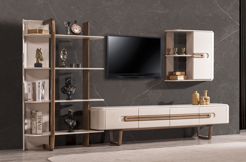Lotus Kitaplık ve Çekmeceli TV Ünitesi, Krem ve Ahşap Detaylı Modern Televizyon Sehpası