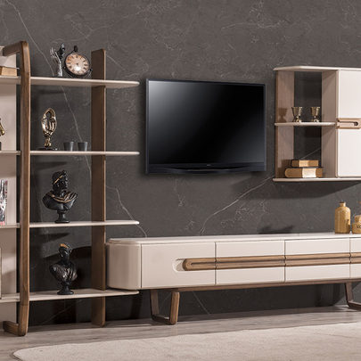 Lotus Kitaplık ve Çekmeceli TV Ünitesi, Krem ve Ahşap Detaylı Modern Televizyon Sehpası