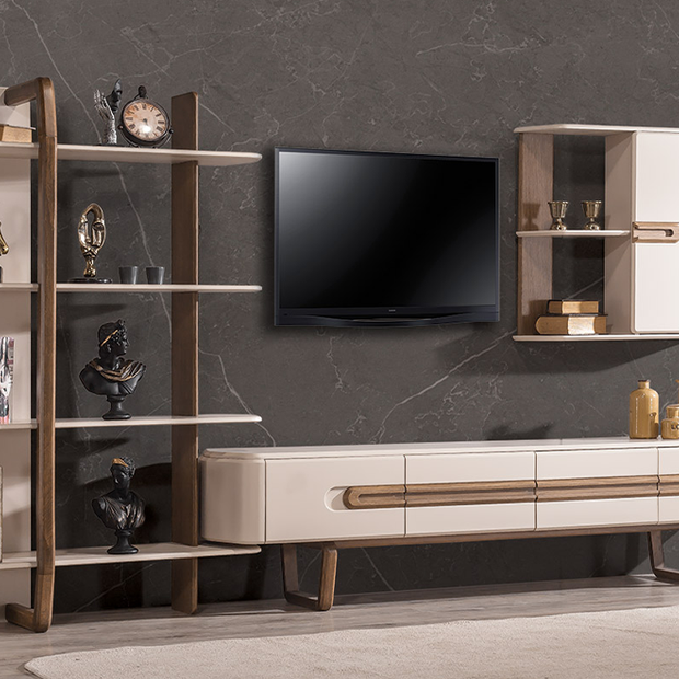 Lotus Kitaplık ve Çekmeceli TV Ünitesi, Krem ve Ahşap Detaylı Modern Televizyon Sehpası