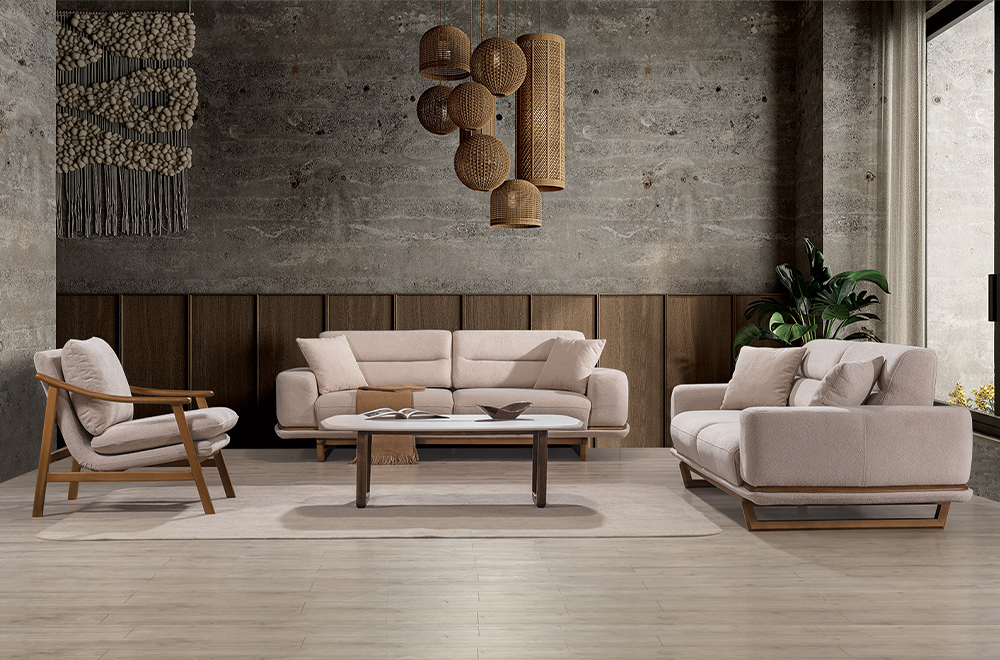 Lotus Bej Koltuk Takımı, Ahşap İskeletli Modern Tasarım, Modern Tarzı Konforlu Oturum