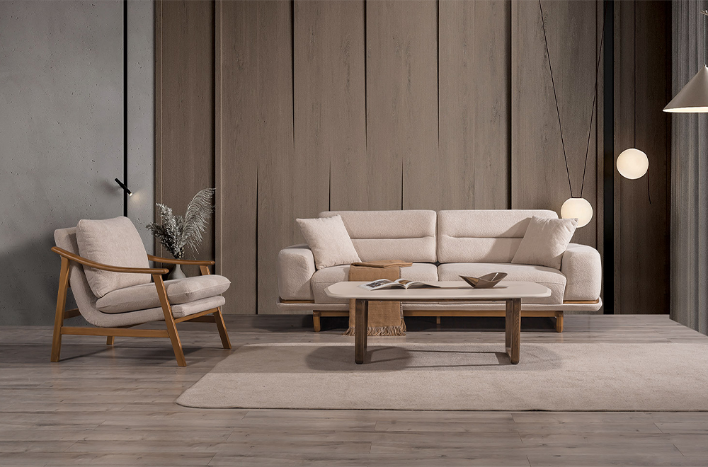 Lotus Bej Koltuk Takımı, Ahşap İskeletli Modern Tasarım, Modern Tarzı Konforlu Oturum