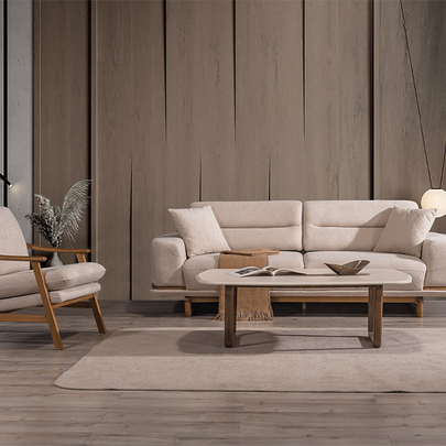 Lotus Bej Koltuk Takımı, Ahşap İskeletli Modern Tasarım, Modern Tarzı Konforlu Oturum