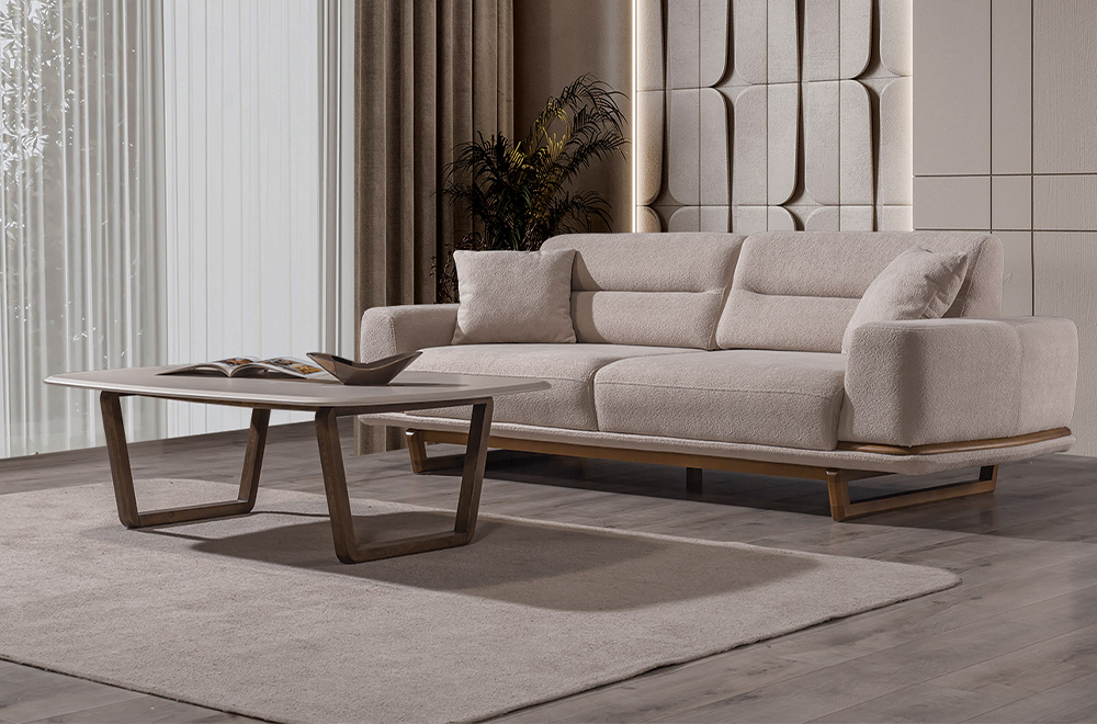 Lotus Bej Koltuk Takımı, Ahşap İskeletli Modern Tasarım, Modern Tarzı Konforlu Oturum