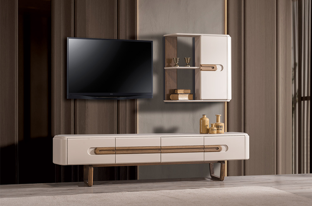 Lotus Ahşap Ayaklı Modern TV Ünitesi, Ahşap Detaylı Krem Televizyon Sehpası ve Duvar Dolabı