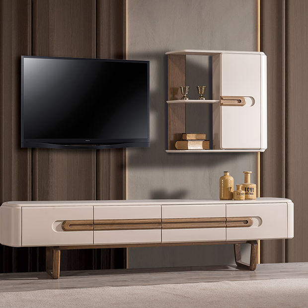 Lotus Ahşap Ayaklı Modern TV Ünitesi, Ahşap Detaylı Krem Televizyon Sehpası ve Duvar Dolabı