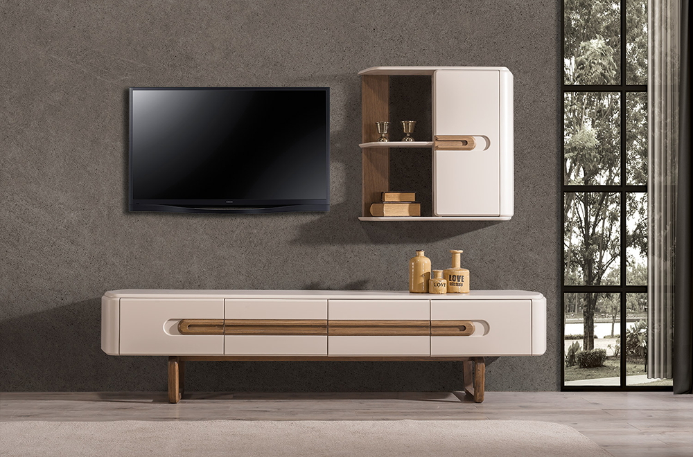 Lotus Ahşap Ayaklı Modern TV Ünitesi, Ahşap Detaylı Krem Televizyon Sehpası ve Duvar Dolabı