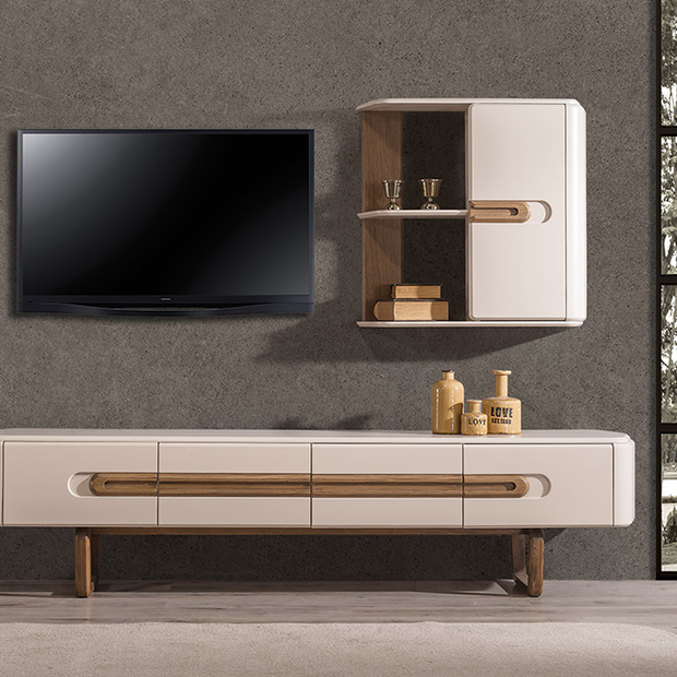 Lotus Ahşap Ayaklı Modern TV Ünitesi, Ahşap Detaylı Krem Televizyon Sehpası ve Duvar Dolabı