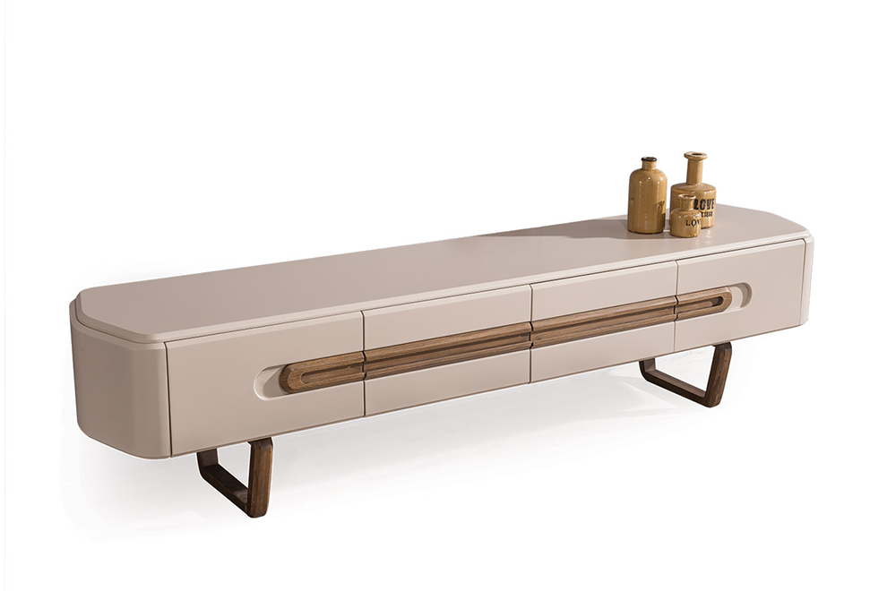 Lotus Ahşap Ayaklı Modern TV Ünitesi, Ahşap Detaylı Krem Televizyon Sehpası 