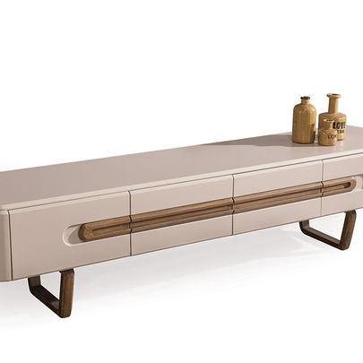 Lotus Ahşap Ayaklı Modern TV Ünitesi, Ahşap Detaylı Krem Televizyon Sehpası 