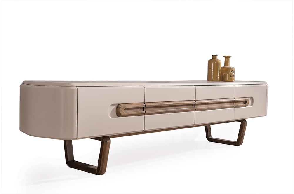 Lotus Ahşap Ayaklı Modern TV Ünitesi, Ahşap Detaylı Krem Televizyon Sehpası 