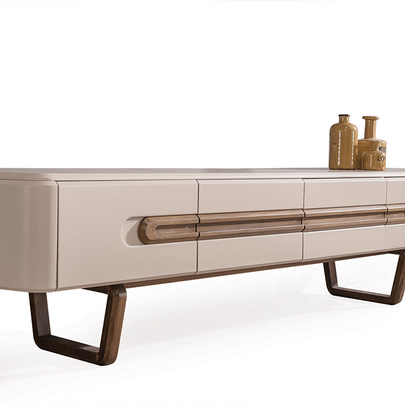 Lotus Ahşap Ayaklı Modern TV Ünitesi, Ahşap Detaylı Krem Televizyon Sehpası 