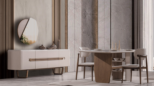 Lotus Ahşap Detaylı Modern Yemek Odası, Ahşap Ayaklı Masa, Kapaklı Konsol ve Dekoratif Duvar Aynası