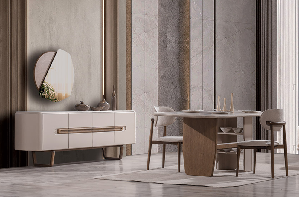 Lotus Ahşap Detaylı Modern Yemek Odası, Ahşap Ayaklı Masa, Kapaklı Konsol ve Dekoratif Duvar Aynası