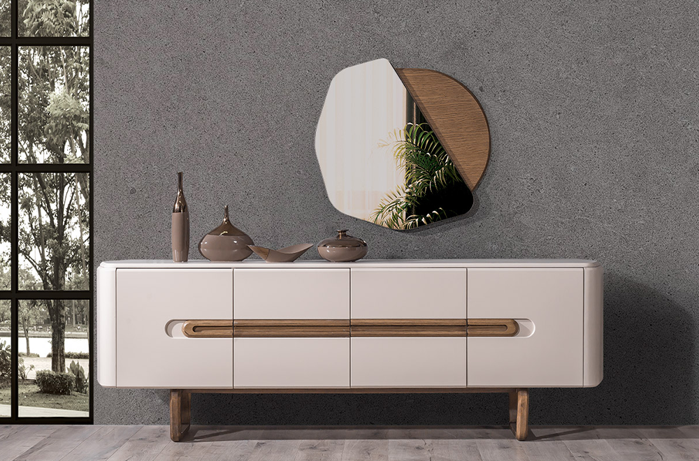 Lotus Ahşap Detaylı Modern Yemek Odası, Ahşap Ayaklı Masa, Kapaklı Konsol ve Dekoratif Duvar Aynası