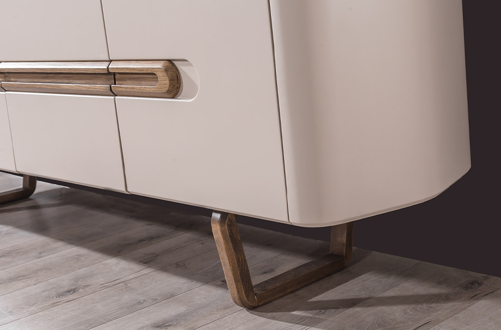 Lotus Ahşap Detaylı Modern Yemek Odası, Ahşap Ayaklı Masa, Kapaklı Konsol ve Dekoratif Duvar Aynası