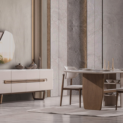 Lotus Ahşap Detaylı Modern Yemek Odası, Ahşap Ayaklı Masa, Kapaklı Konsol ve Dekoratif Duvar Aynası