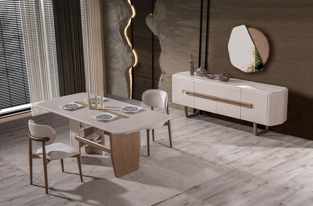 Lotus Ahşap Detaylı Modern Yemek Odası, Ahşap Ayaklı Masa, Kapaklı Konsol ve Dekoratif Duvar Aynası