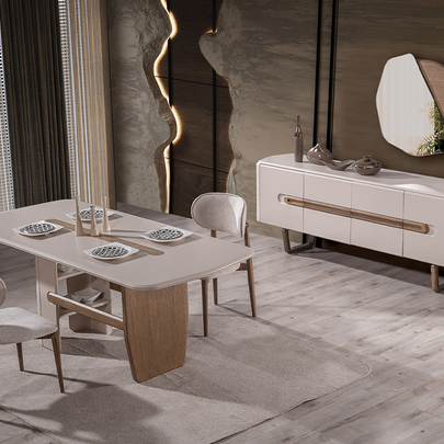 Lotus Ahşap Detaylı Modern Yemek Odası, Ahşap Ayaklı Masa, Kapaklı Konsol ve Dekoratif Duvar Aynası