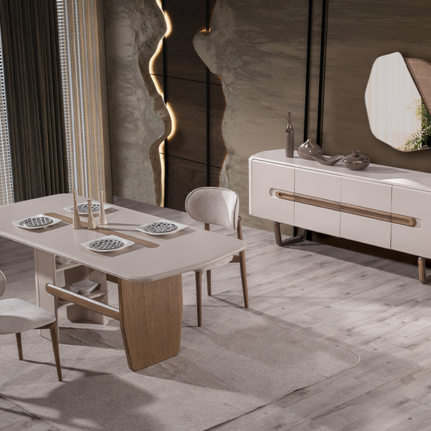 Lotus Ahşap Detaylı Modern Yemek Odası, Ahşap Ayaklı Masa, Kapaklı Konsol ve Dekoratif Duvar Aynası