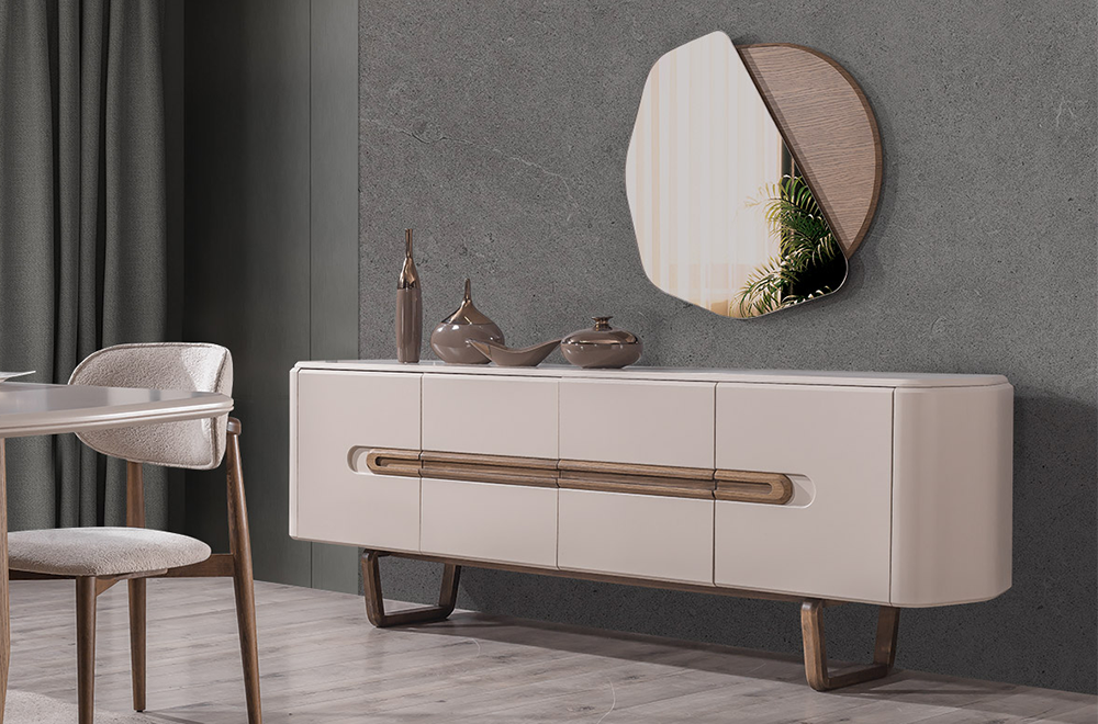 Lotus Ahşap Detaylı Modern Yemek Odası, Ahşap Ayaklı Masa, Kapaklı Konsol ve Dekoratif Duvar Aynası