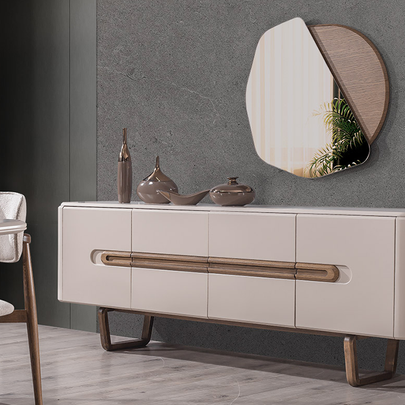 Lotus Ahşap Detaylı Modern Yemek Odası, Ahşap Ayaklı Masa, Kapaklı Konsol ve Dekoratif Duvar Aynası