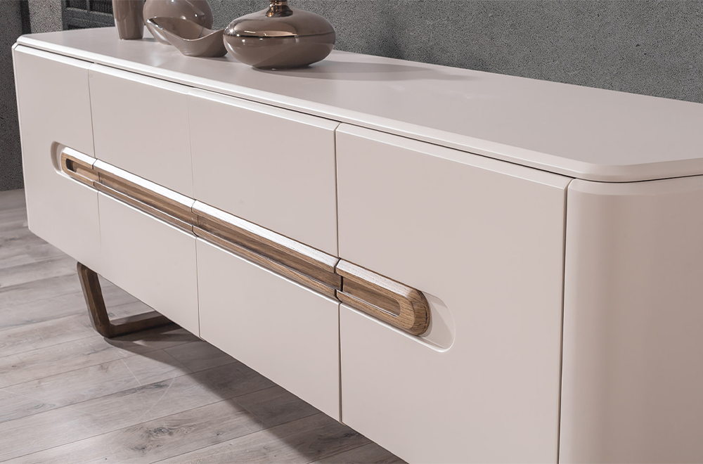 Lotus Ahşap Detaylı Modern Yemek Odası, Ahşap Ayaklı Masa, Kapaklı Konsol ve Dekoratif Duvar Aynası