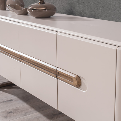 Lotus Ahşap Detaylı Modern Yemek Odası, Ahşap Ayaklı Masa, Kapaklı Konsol ve Dekoratif Duvar Aynası