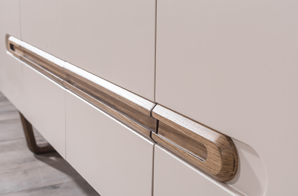 Lotus Ahşap Detaylı Modern Yemek Odası, Ahşap Ayaklı Masa, Kapaklı Konsol ve Dekoratif Duvar Aynası