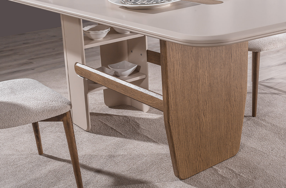 Lotus Ahşap Detaylı Modern Yemek Odası, Ahşap Ayaklı Masa, Kapaklı Konsol ve Dekoratif Duvar Aynası