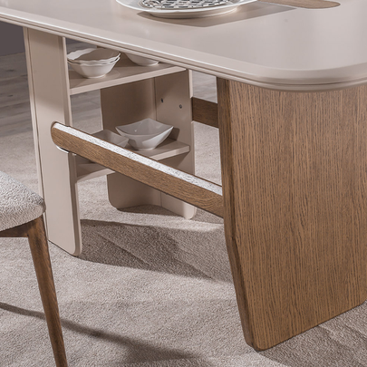 Lotus Ahşap Detaylı Modern Yemek Odası, Ahşap Ayaklı Masa, Kapaklı Konsol ve Dekoratif Duvar Aynası