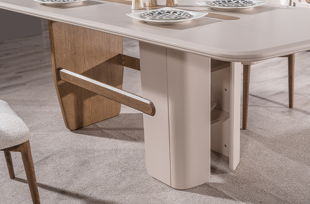 Lotus Ahşap Detaylı Modern Yemek Odası, Ahşap Ayaklı Masa, Kapaklı Konsol ve Dekoratif Duvar Aynası