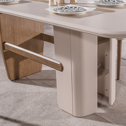 Lotus Ahşap Detaylı Modern Yemek Odası, Ahşap Ayaklı Masa, Kapaklı Konsol ve Dekoratif Duvar Aynası