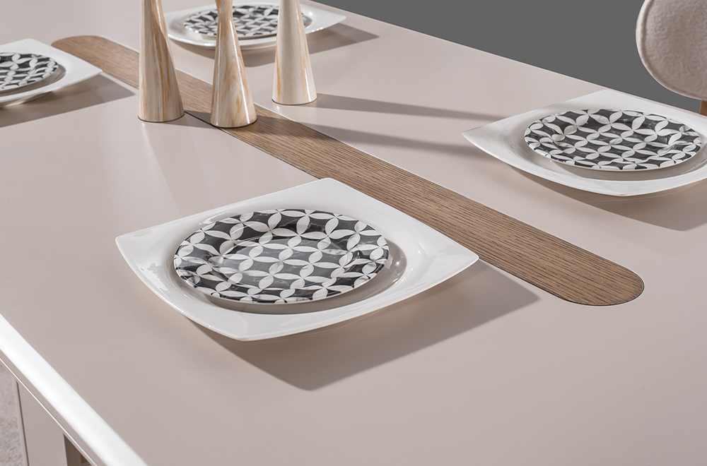 Lotus Ahşap Detaylı Modern Yemek Odası, Ahşap Ayaklı Masa, Kapaklı Konsol ve Dekoratif Duvar Aynası