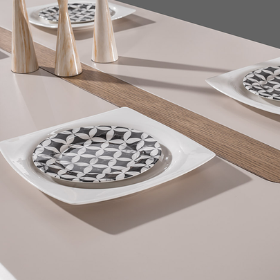 Lotus Ahşap Detaylı Modern Yemek Odası, Ahşap Ayaklı Masa, Kapaklı Konsol ve Dekoratif Duvar Aynası