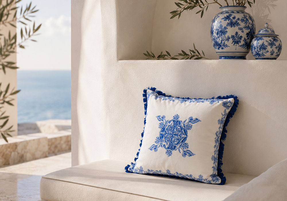 Mare Blue Saçaklı Dekoratif Kırlent Kılıfı Akdeniz manzaralı lüks salon dekorasyonu