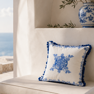 Mare Blue Saçaklı Dekoratif Kırlent Kılıfı Akdeniz manzaralı lüks salon dekorasyonu