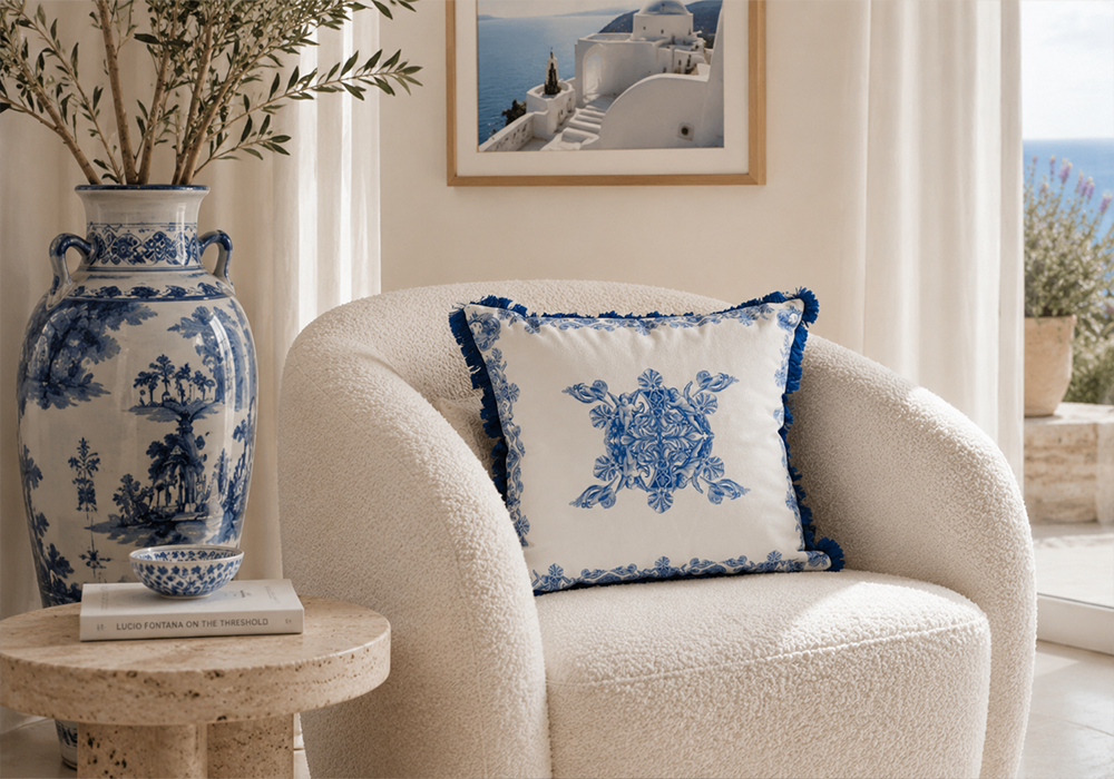 Mare Blue Saçaklı Dekoratif Kırlent Kılıfı Akdeniz manzaralı lüks salon dekorasyonu
