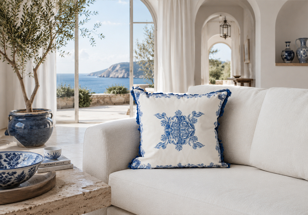 Mare Blue Saçaklı Dekoratif Kırlent Kılıfı Akdeniz manzaralı lüks salon dekorasyonu