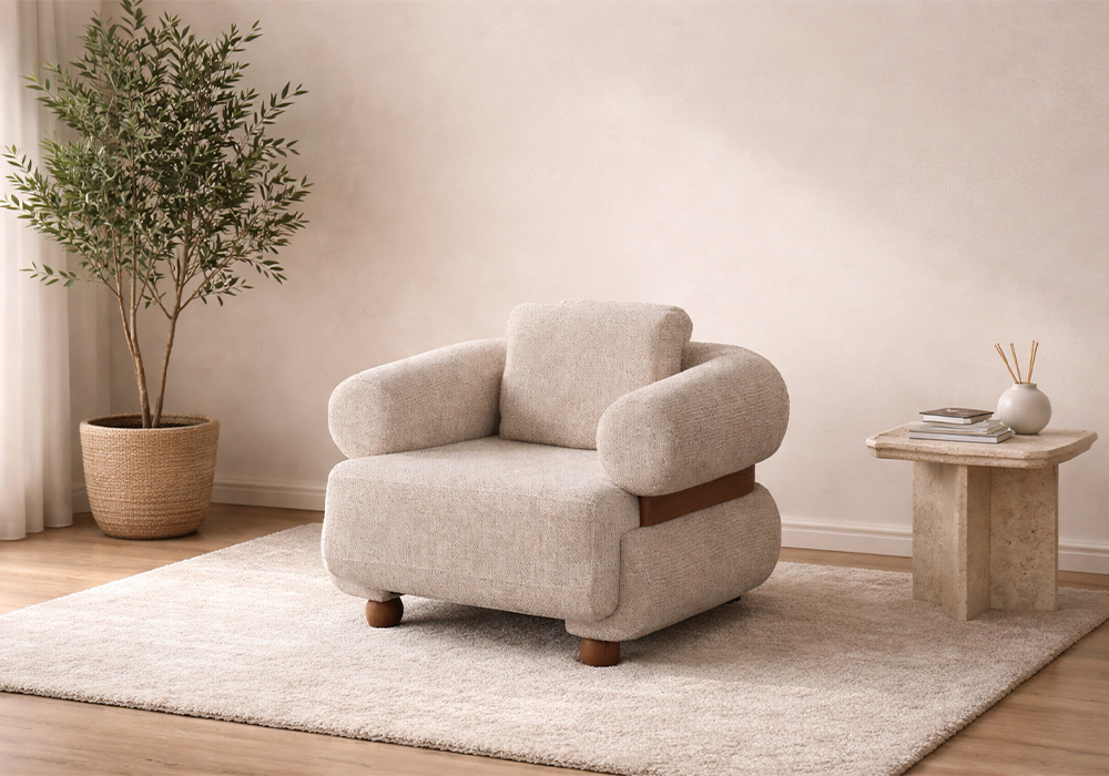 Monza berjer krem renk ahşap kaplama detaylı koltuk