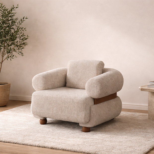 Monza berjer krem renk ahşap kaplama detaylı koltuk