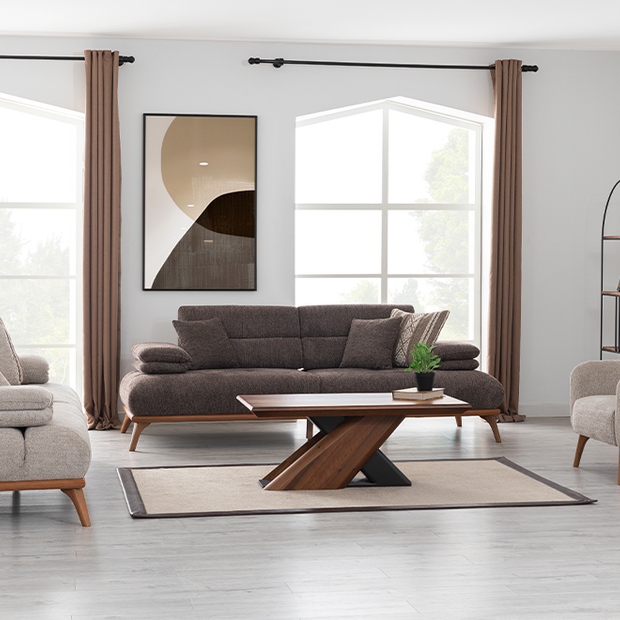 Homevse Monza modern koltuk takımı kahverengi ve bej renkli ahşap ayaklı salon takımı