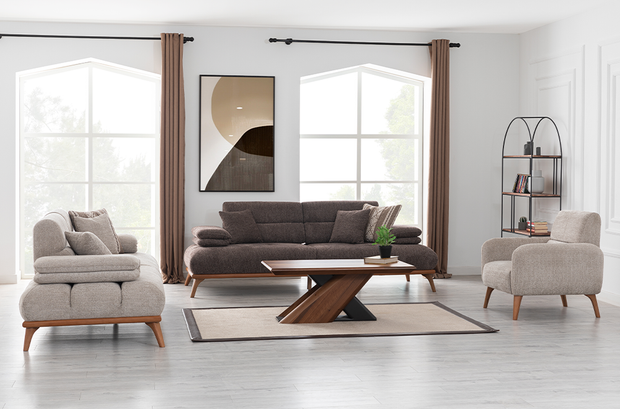 Homevse Monza modern koltuk takımı kahverengi ve bej renkli ahşap ayaklı salon takımı