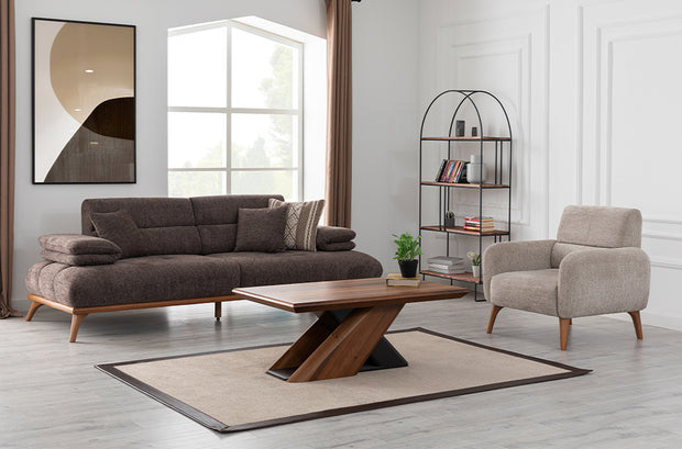 Homevse Monza modern koltuk takımı kahverengi ve bej renkli ahşap ayaklı salon takımı
