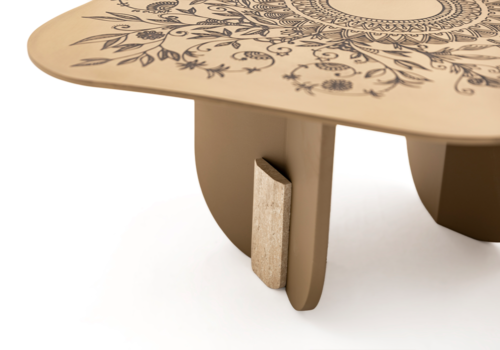 Ortaca orta sehpa ahşap ayak tarverten desen ve bonj renk detaylı Homevse