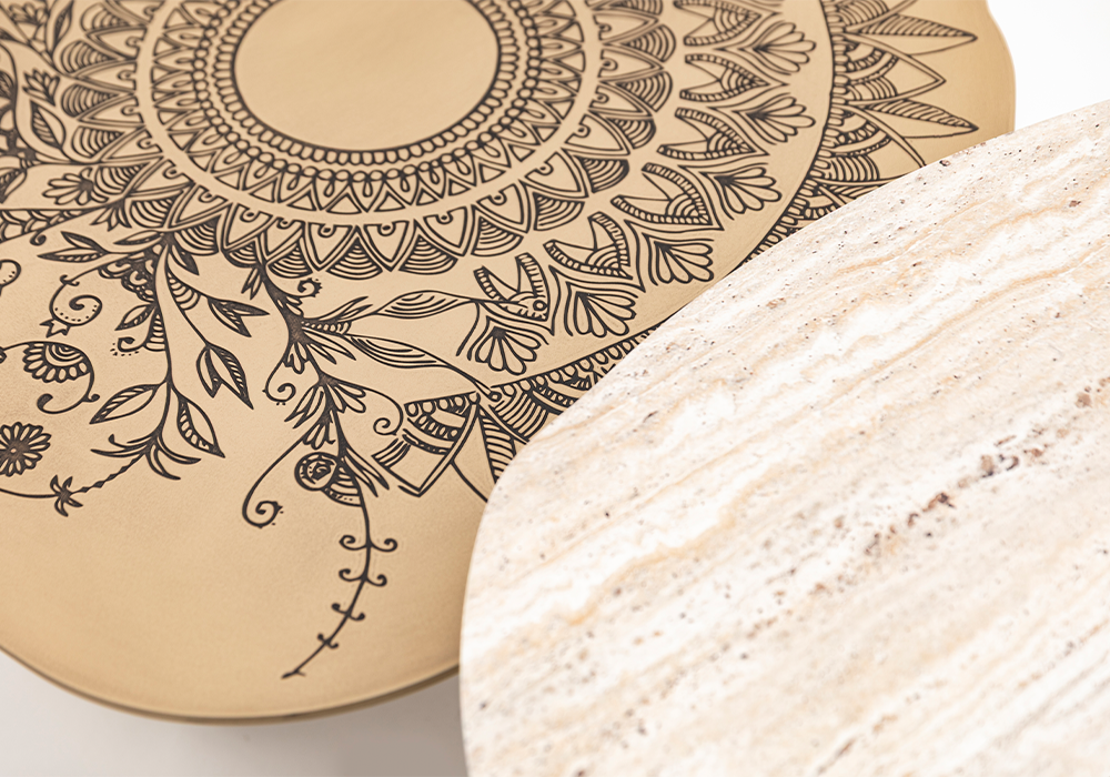 Ortaca ikili orta sehpa traverten ve etnik desenli modern orta sehpa tasarımı Homevse