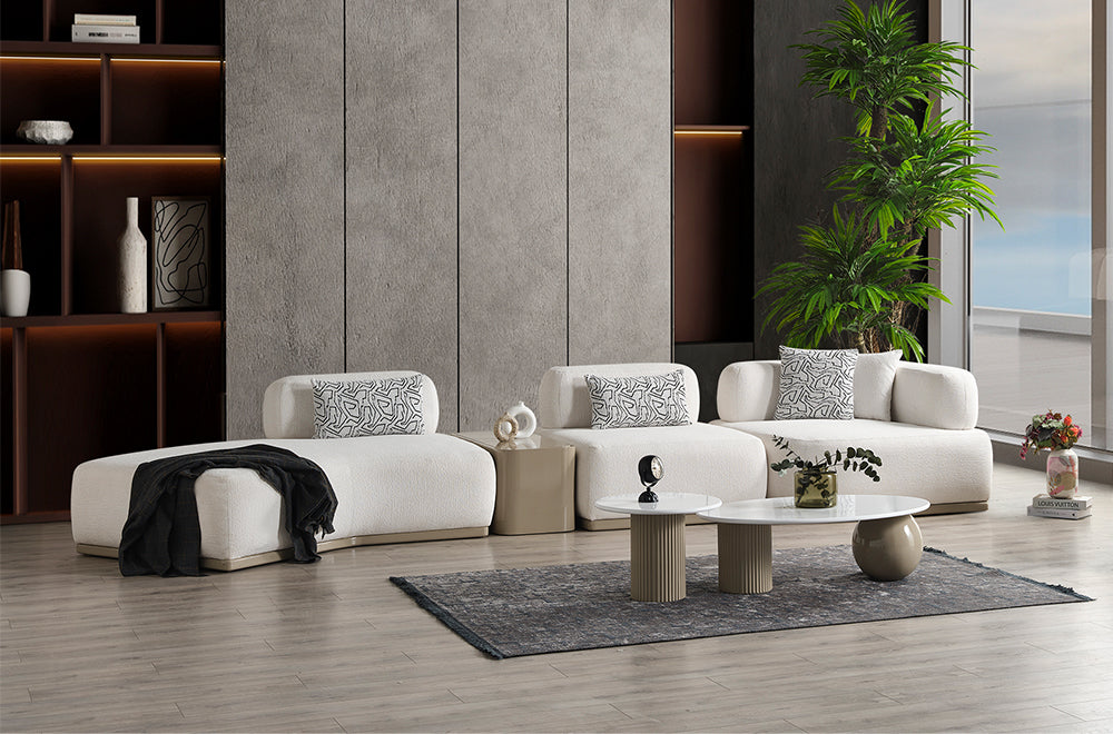 Paris Beyaz Tedy Kumaşlı Köşe Koltuk Takımı, Modern Modüler Tasarım, Derin Oturum Konforu