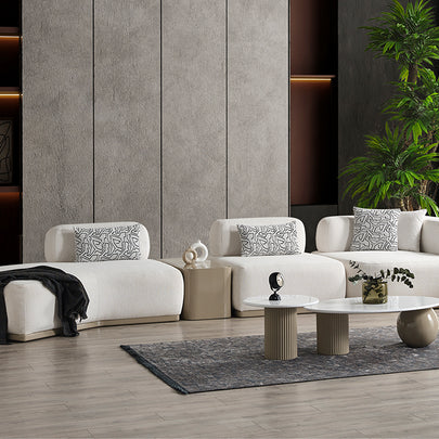 Paris Beyaz Tedy Kumaşlı Köşe Koltuk Takımı, Modern Modüler Tasarım, Derin Oturum Konforu