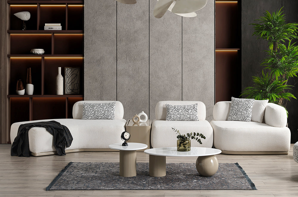 Paris Beyaz Tedy Kumaşlı Köşe Koltuk Takımı, Modern Modüler Tasarım, Derin Oturum Konforu