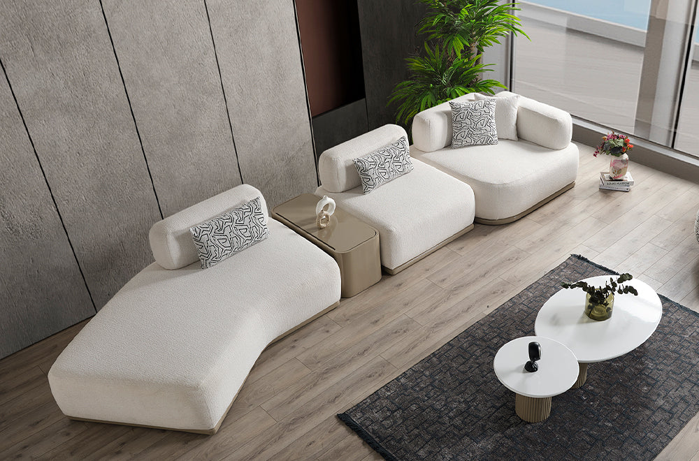 Paris Beyaz Tedy Kumaşlı Köşe Koltuk Takımı, Modern Modüler Tasarım, Derin Oturum Konforu