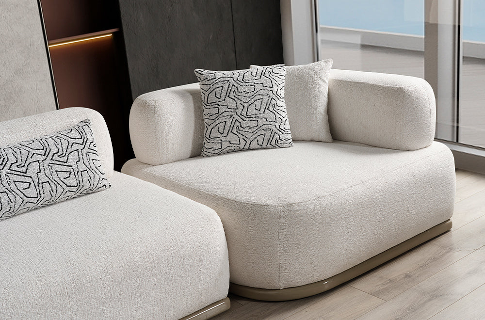 Paris Beyaz Tedy Kumaşlı Köşe Koltuk Takımı, Modern Modüler Tasarım, Derin Oturum Konforu